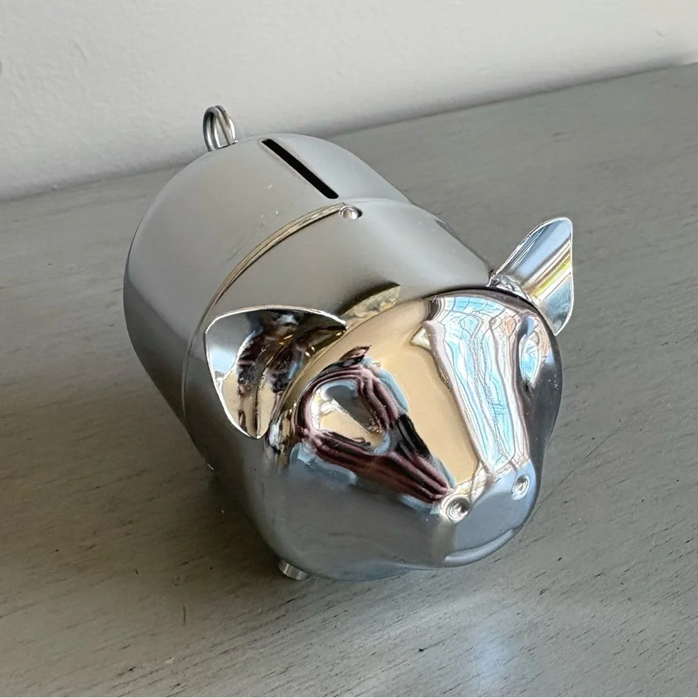 VTG Retro Metal Shiny Chrome Silver Tone Coin Piggy Bank Collectible Child Youth